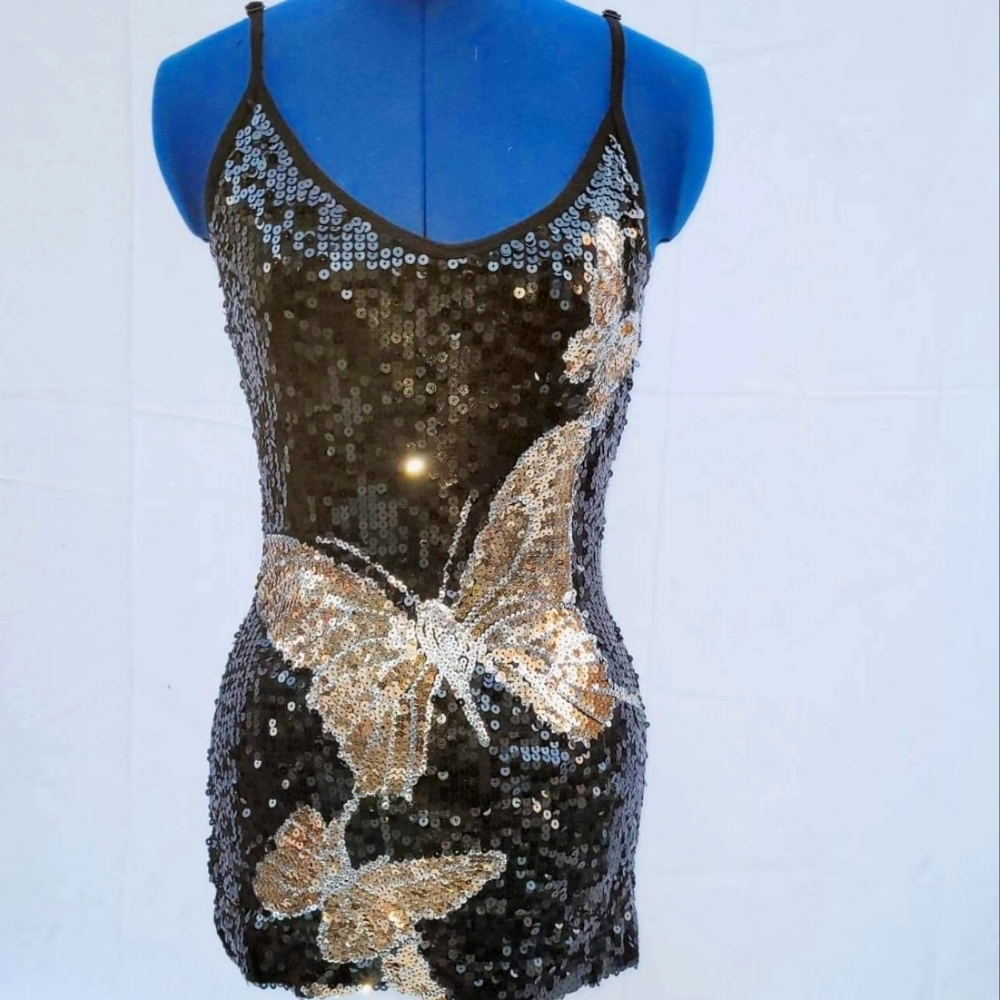 Black sequin silver and gold butterfly dress